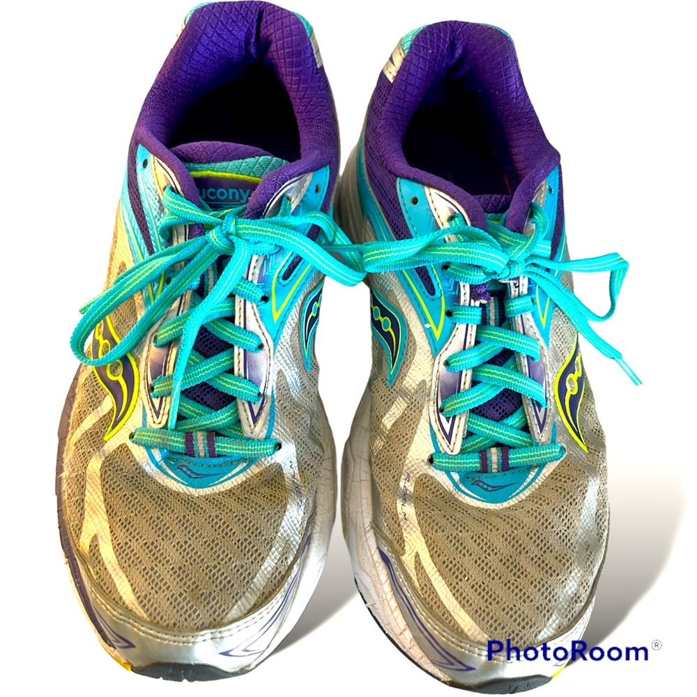 Sz 8.5 Saucony Power Grid Ride 8 Running Shoes S10273-1 Grey Blue Purple Womens